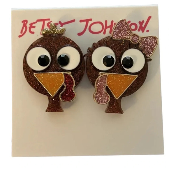 BETSEY JOHNSON Thanksgiving Holiday Male Female Turkey Earrings RETIRED NEW NWT - Picture 2 of 4